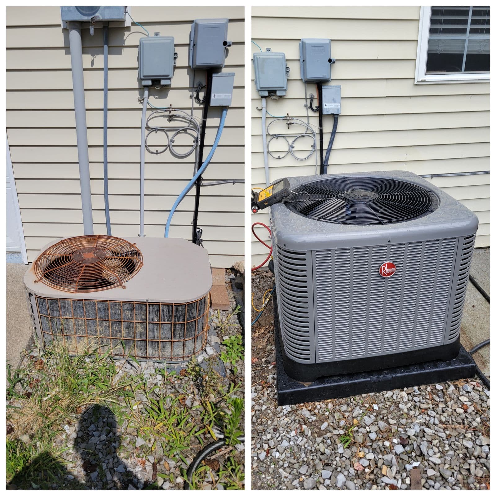Before and after: an old rusted condenser replaced by a new Rheem unit
