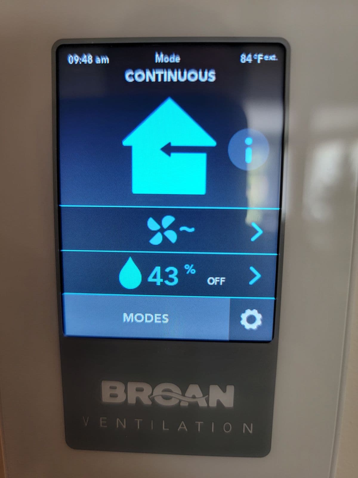 Touchscreen thermostat showing continuous fan mode