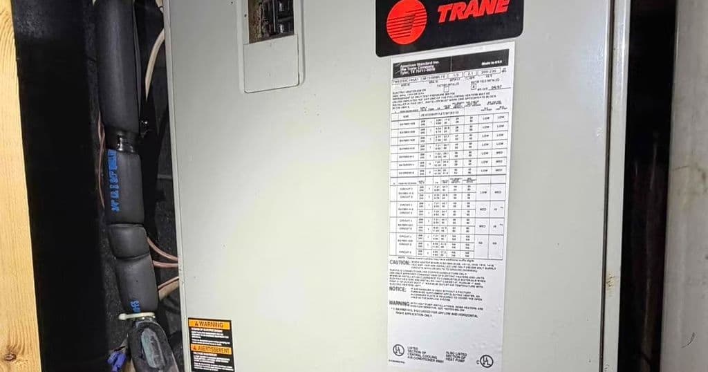 Trane unit label in an attic
